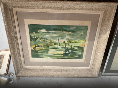 Lot 505 - Jo Levallois oil on paper 'Boats in a harbour at low tide', signed and dated 1974, 31 x 45cm