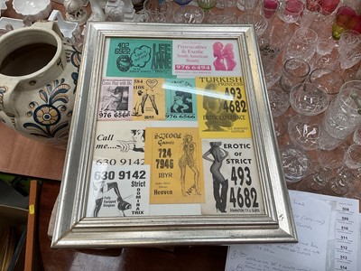 Lot 507 - Glazed frame containing ten 1980's adult entertainment telephone box service cards including 'South American Beauty' and 'Turkish Princess'.