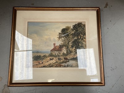 Lot 508 - English school watercolour of a country cottage with cattle in the foreground, 21 x 26cm