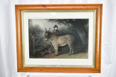 Lot 1355 - Edward Robert Smythe (1810-1899) pastel and charcoal - A Donkey, Man and Dog before a Gate, signed, 34cm x 51cm, in glazed maple veneered frame