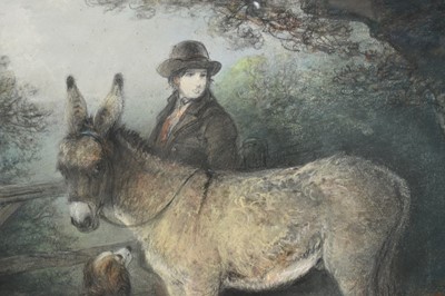 Lot 1355 - Edward Robert Smythe (1810-1899) pastel and charcoal - A Donkey, Man and Dog before a Gate, signed, 34cm x 51cm, in glazed maple veneered frame