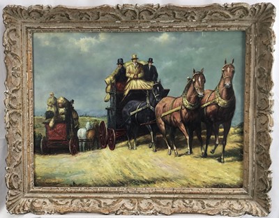 Lot 185 - Follower of James Pollard, oil on wood board, Two horse drawn coaches passing, 43cm x 58cm, framed