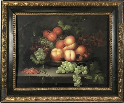 Lot 188 - Still life with fruit, oil on wood board, 37cm x 47cm, framed