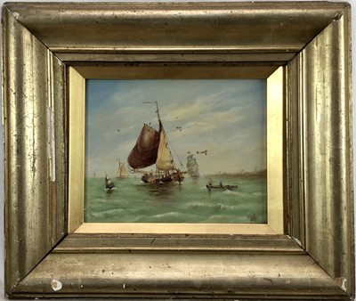 Lot 186 - W.G. King American artist, Dutch fishing boats off the Scheldt, oil on canvas, signed and inscribed on the canvas reverse