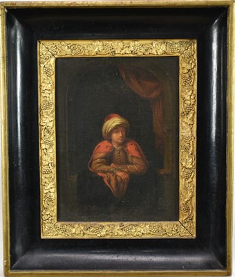 Lot 1361 - 18th century, Dutch School, oil on canvas - Portrait of a Gentleman in Oriental costume, 23cm x 17cm, in gilt and ebonised frame