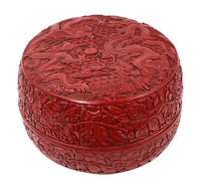 Lot 976 - A Chinese cinnabar-style box and cover decorated with dragons, Qianlong mark but later