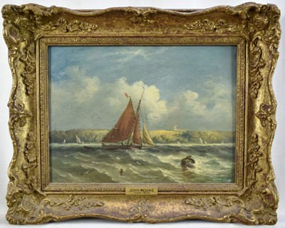 Lot 1350 - Manner of John Moore of Ipswich (1820-1902) oil on panel - sailing boat off the coast, 23cm x 30cm, in gilt frame