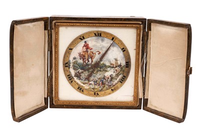 Lot 1245 - An early 20th century travelling clock with 8 day Swiss movement, the square ivory mounted dial painted with a hunting scene to the centre within a chapter ring with Roman numerals