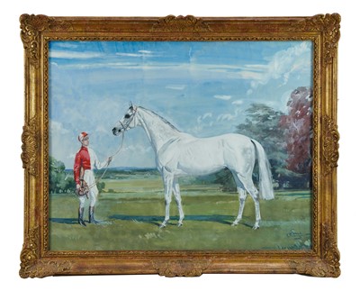 Lot 1258 - Pamela Seabright (20th century), gouache on paper, Racehorse & Jockey, in landscape, Jockey appears to be W.H. Carr, signed and dated 1951, 49cm by 62cm, in glazed gilt frame