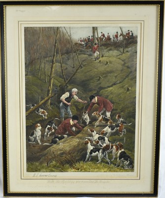 Lot 1209 - Robert Wallace Hester, aquatint after H. F. Lucas Lucas, With the Pytchley - gone to ground at the Hemploe, Messrs. Fores, 1897, with contemporary hand colouring, blind stamp of the Printsellers As...