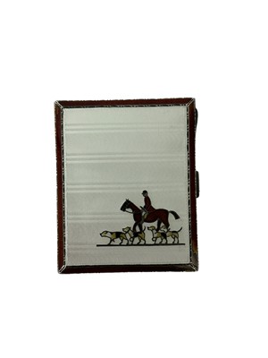 Lot 1235 - 1930s silver cigarette case having enamelled hunting scene to white background to front and engine turned decoration to back, Birmingham 1935, Adie Brothers Ltd.