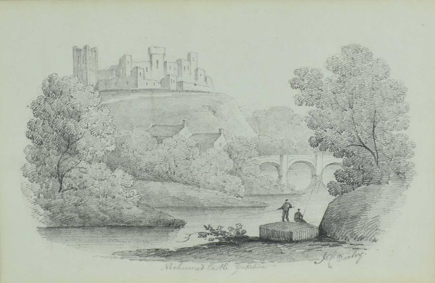 Lot 1045 - J. L. Deeley, early 19th century, English School pencil drawing - Richmond Castle, Yorkshire, signed and inscribed, in glazed gilt frame, 15.5cm x 23cm