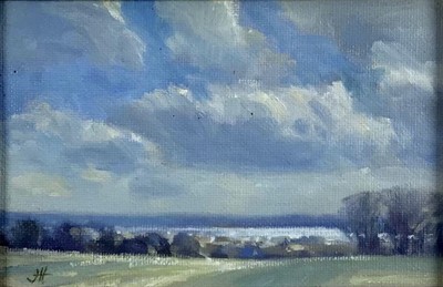 Lot 96 - James Hewitt (b. 1934) oil on canvas - early spring landscape, 'The Distant Blackwater', monogrammed, titled and dated verso 2004, 18cm x 12cm, framed (26cm x 20cm overall)