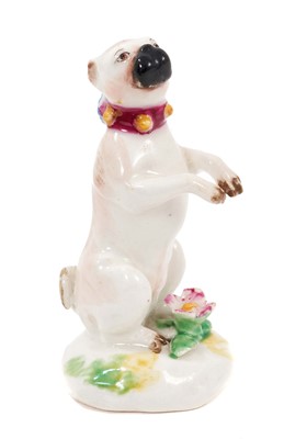 Lot 202 - A Bow model of a begging pug dog, c. 1758, on circular mound base with applied flower and green leaves