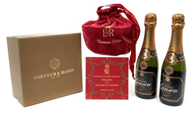 Lot 42 - Lanson Champagne, two half bottles made for The Queen's Golden Jubilee 2002 with labels and two Fortnum and Mason Royal Household Christmas Puddings in boxes ( the puddings out of sale by date ) (4)