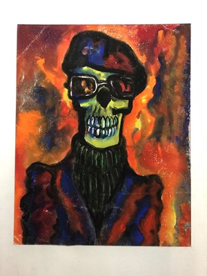 Lot 47 - *Colin Moss (1914-2005) mixed media - a skulled figure wearing a beret, roll neck and blazer, 33cm x 26cm
