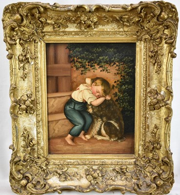 Lot 1358 - A charming 19th century English School oil on oak panel, a young boy hugging his dog, 23cm x 18.5cm, in original gilt frame