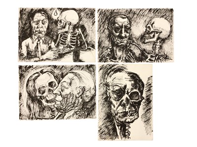 Lot 48 - *Colin Moss (1914-2005) pen and wash, a series of four pictures featuring an elderly man and a skeleton, which apparently begins with the two sharing a drink and ends with them absorbing each other...
