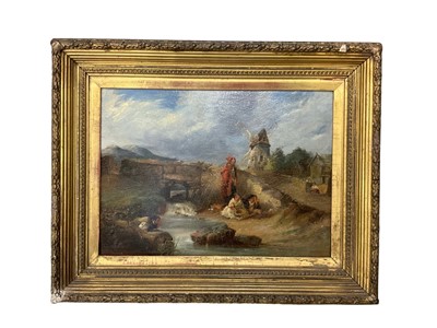 Lot 260 - 19th century Norwich school /English school oil on board in original gilt frame - figures with children and dog by stream with bridge and windmill in distance