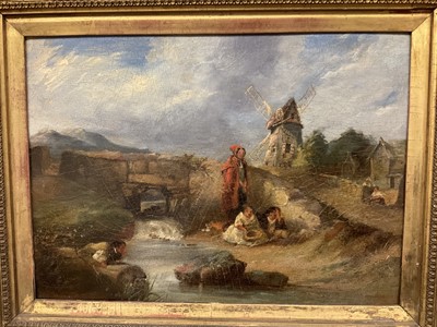 Lot 260 - 19th century Norwich school /English school oil on board in original gilt frame - figures with children and dog by stream with bridge and windmill in distance