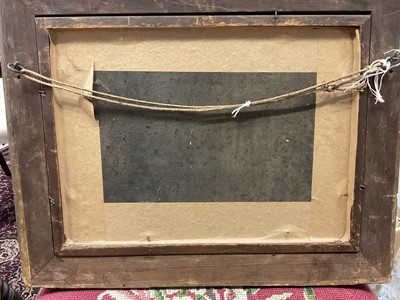 Lot 260 - 19th century Norwich school /English school oil on board in original gilt frame - figures with children and dog by stream with bridge and windmill in distance