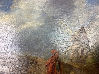 Lot 260 - 19th century Norwich school /English school oil on board in original gilt frame - figures with children and dog by stream with bridge and windmill in distance