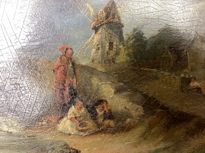 Lot 260 - 19th century Norwich school /English school oil on board in original gilt frame - figures with children and dog by stream with bridge and windmill in distance