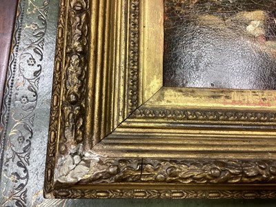 Lot 260 - 19th century Norwich school /English school oil on board in original gilt frame - figures with children and dog by stream with bridge and windmill in distance