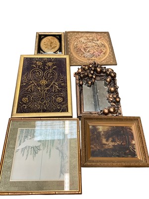 Lot 263 - Group of pictures to include a George III needlework picture of flowers in verre églomisé frame, antique gold bullion work panel in gilt frame, ornate wall mirror in heavy gilt plaster frame, Aubus...