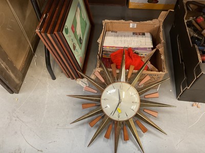 Lot 555 - Metamec sun burst clock together with snooker related prints and assorted magazines.