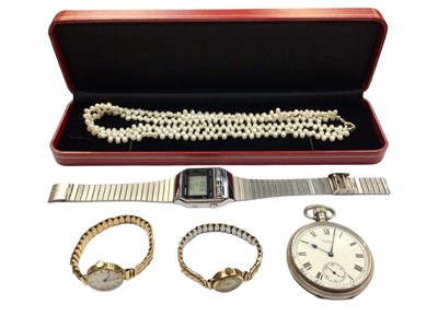 Lot 1097 - Two 9ct gold cased vintage wristwatches, silver cased Waltham pocket watch, Casio wristwatch and a two strand pearl necklace in case