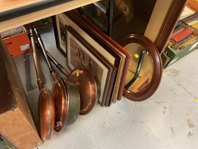 Lot 557 - American regulator wall clock, three copper warming pans and group of mixed prints.