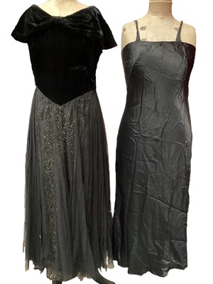 Lot 2068 - 1940's black velvet and net evening gown, 1970's dress, suit and house coat.  Also five pairs of vintage shoes and two handbags.