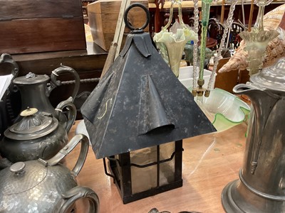 Lot 571 - Arts and Crafts hanging lantern with frosted glass panels.