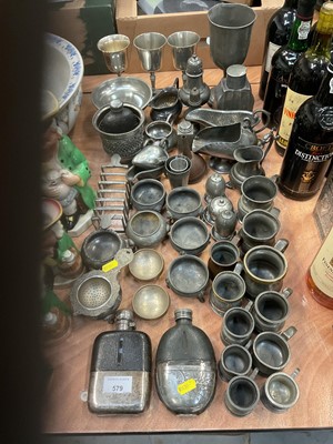 Lot 579 - Collection of pewter items to include toast rack, tea caddy, salt cellars and sundry items.