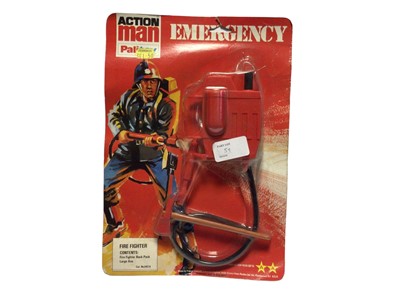 Lot 59 - Palitoy Action Man Emergency Outfit & Accessories, vacuum packed on card including Fire Fighter Back Pack & Large Axe No.34514 & Fire Fighter Jacket, Trousers & Boots No.34515 (2)