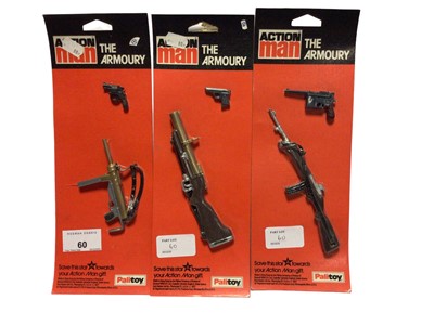 Lot 60 - Palitoy Action Man The Armoury Weapons (x3) & Quarter Masters Stores Medic Accessories, vacuum packed on card (4)