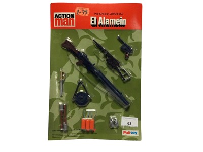 Lot 63 - Palitoy Action Man Weapons Arsenal, vacuum packed on card including El Alamein & NATO Night Manoeuvres (2)