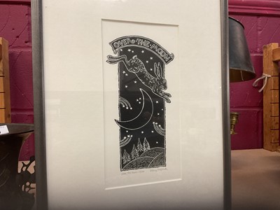 Lot 590 - Jenny Portlock limited edition linocut 'Over the Moon', no. 27 of 100, mounted in glazed frame.