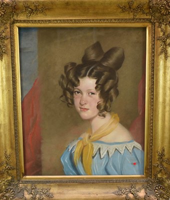 Lot 1348 - Regency English School pastel on canvas - Portrait of a young Lady, 61cm x 50cm, in glazed gilt frame