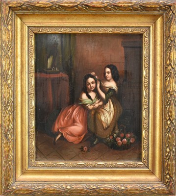 Lot 1339 - English School, 19th century, oil on tin panel - Two Girls in an Interior, 24cm x 20cm, in gilt frame