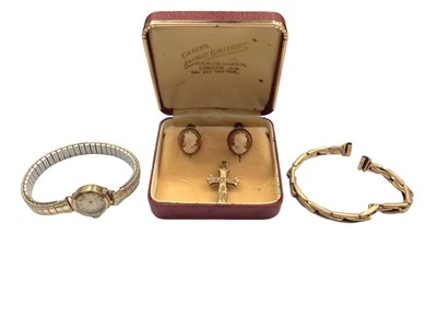 Lot 1103 - Pair 9ct gold mounted cameo screw back earrings, vintage 9ct gold cased wristwatch on plated bracelet, 9ct gold watch bracelet and 9ct gold cross pendant