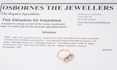 Lot 726 - Diamond three stone ring with three round brilliant cut diamonds in claw setting on 18ct yellow gold shank. Estimated total diamond weight approximately 1.70cts. Ring size N.