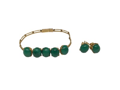 Lot 36 - 9ct gold and malachite cabochon bracelet, 16.5cm long and matching pair of earrings