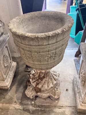 Lot 1392 - Garden urn on pedestal base, 62cm high, together with two garden pots (3)