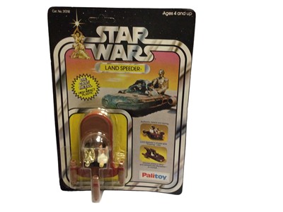 Lot 110 - Palitoy Star Wars Land Speeder, with floating wheel ride & Luke Skywalker/C-3PO in cockpit, on unpunched card No.31318(1)