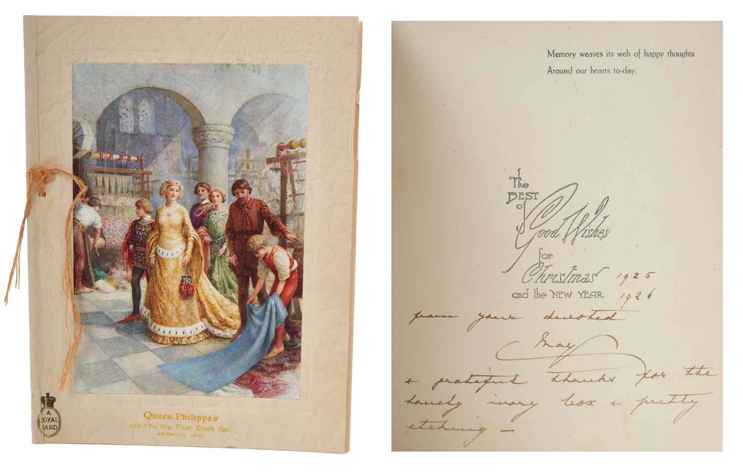 Lot 52 - H.M. Queen Mary, scarce 1925 family/friends Christmas card with historical print of Queen Phillippa's visit to Norwich in 1335 to cover, inscribed in ink '1925-1926 from your devoted May and grat...