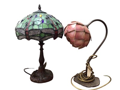 Lot 422 - Tiffany style table lamp with green glass shade and dragonfly decoration, together with one other table lamp (2)