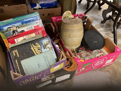 Lot 639 - Collection of various items to include stoneware Brandy barrel, motorcycle books and sundries. (4 boxes)