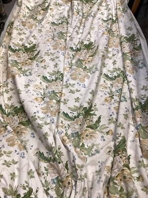 Lot 687 - Pair cream and green floral curtains with gathered header